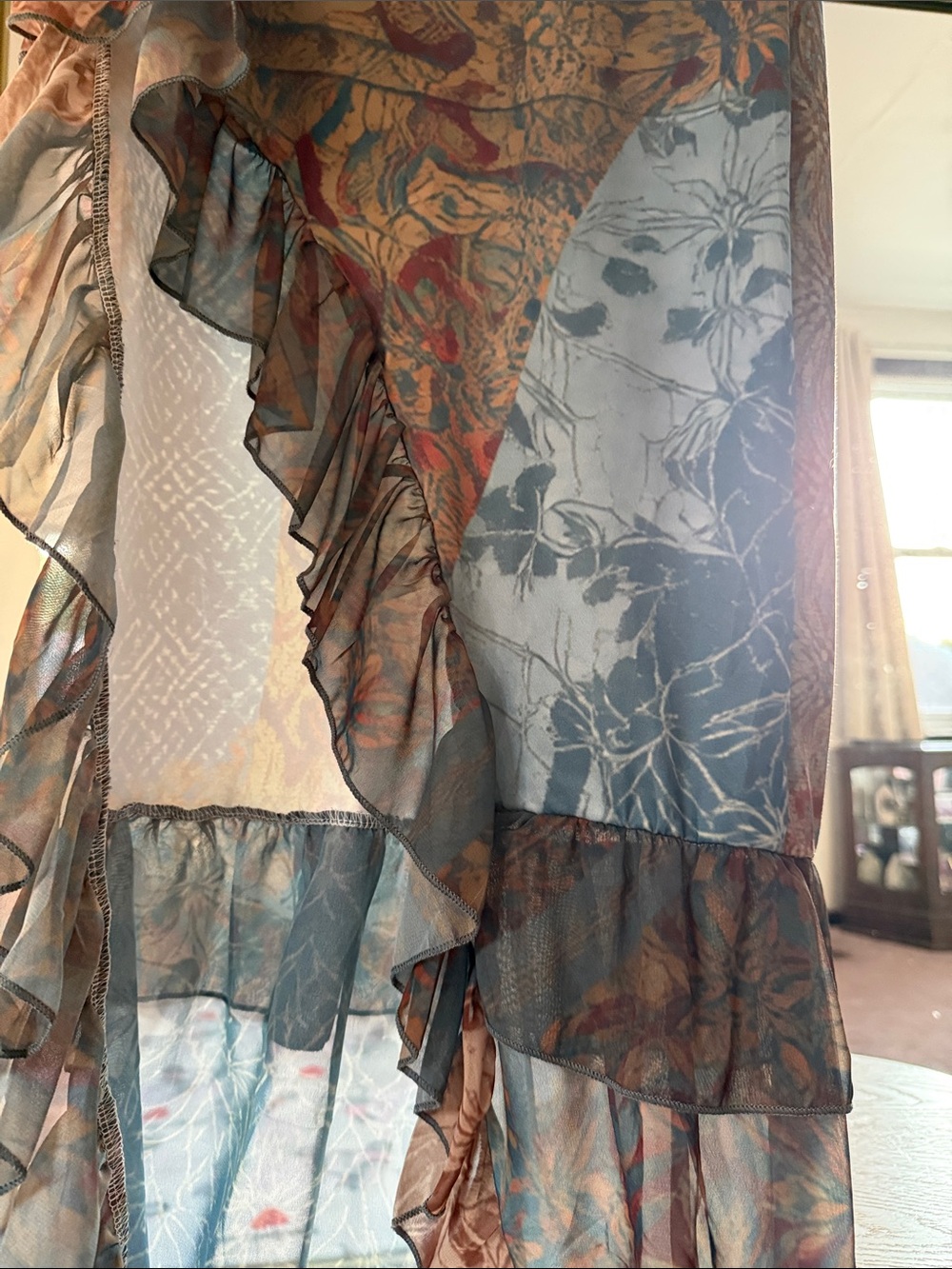 Asymmetrical Ruffled Floral Maxi Dress– Blue & Brown - Picture 5 of 10